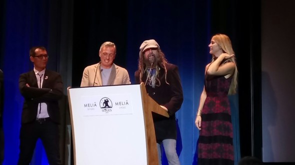 Ángel Sala y Mike Hostench, director y subdirector del festival, junto a Rob Zombie y Sheri Moon en la presentación de 31