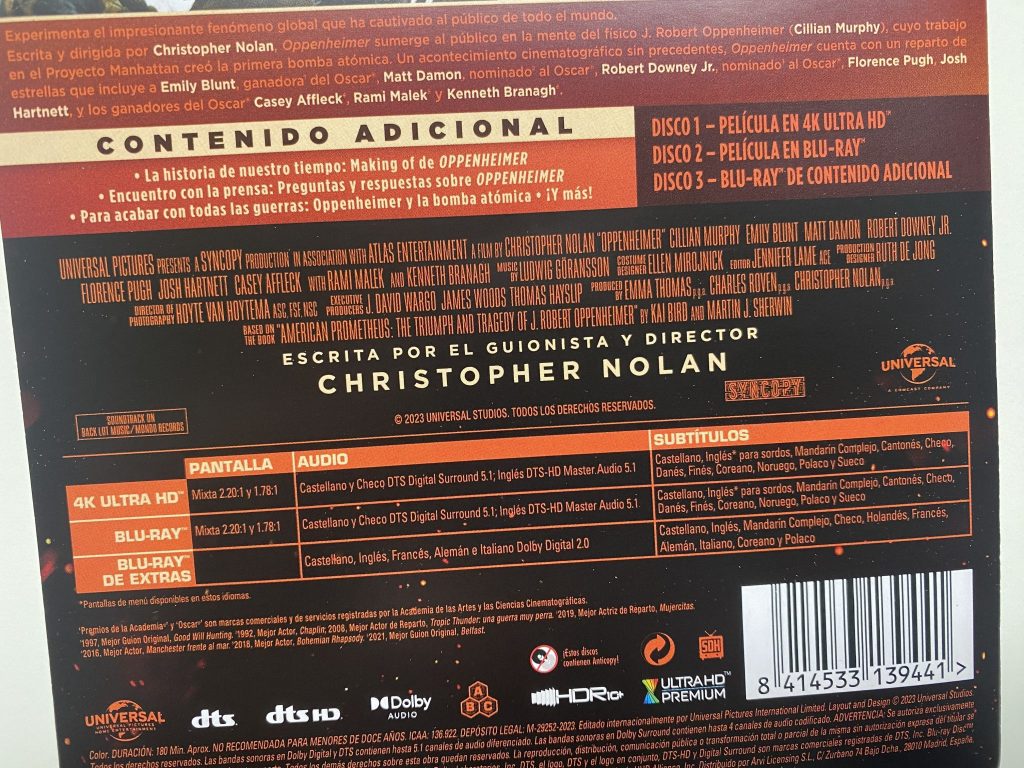 Oppenheimer steelbook detalle hoja de características