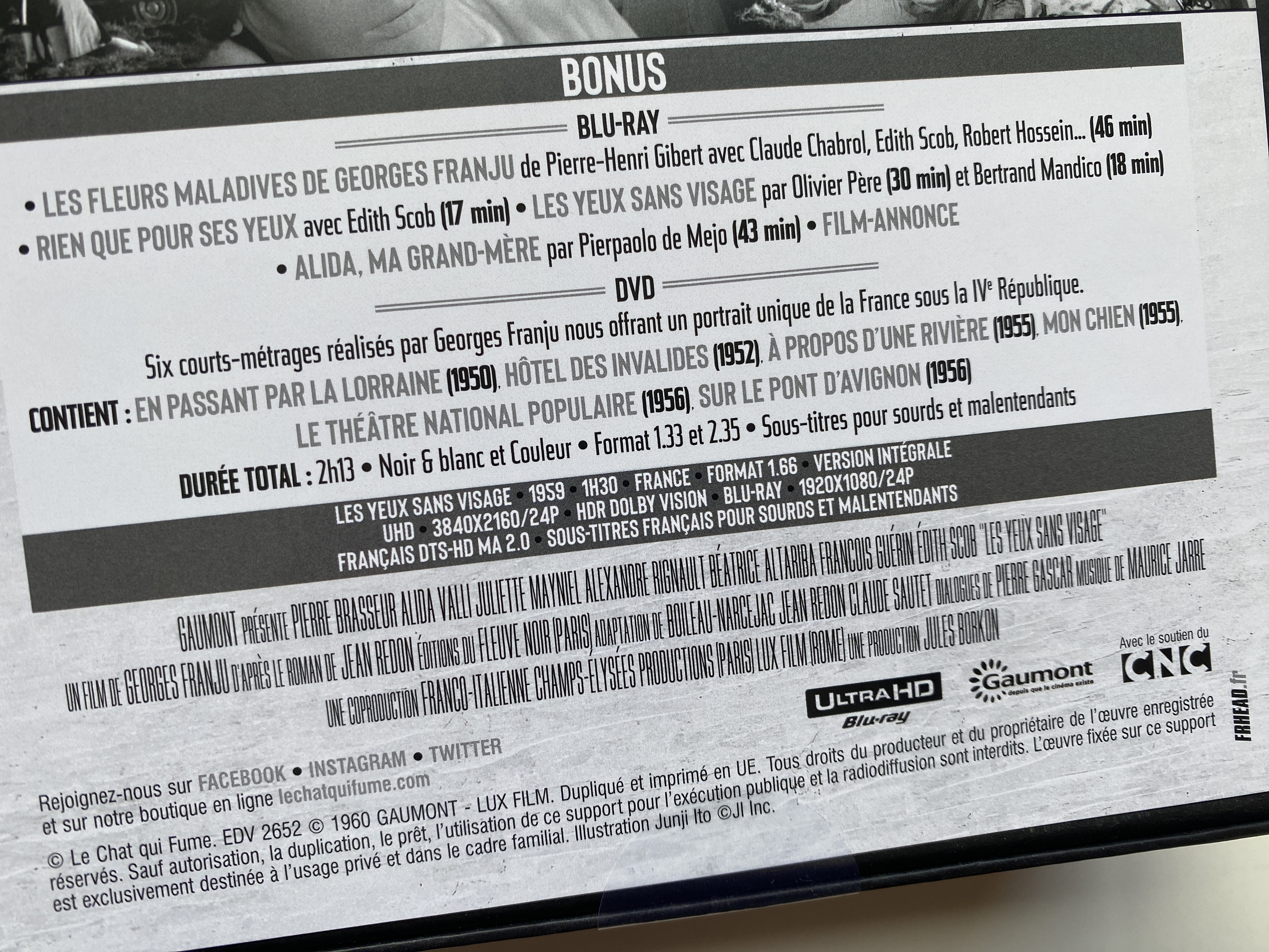 Les yeux sans visage coffret 4K detalle características cofre