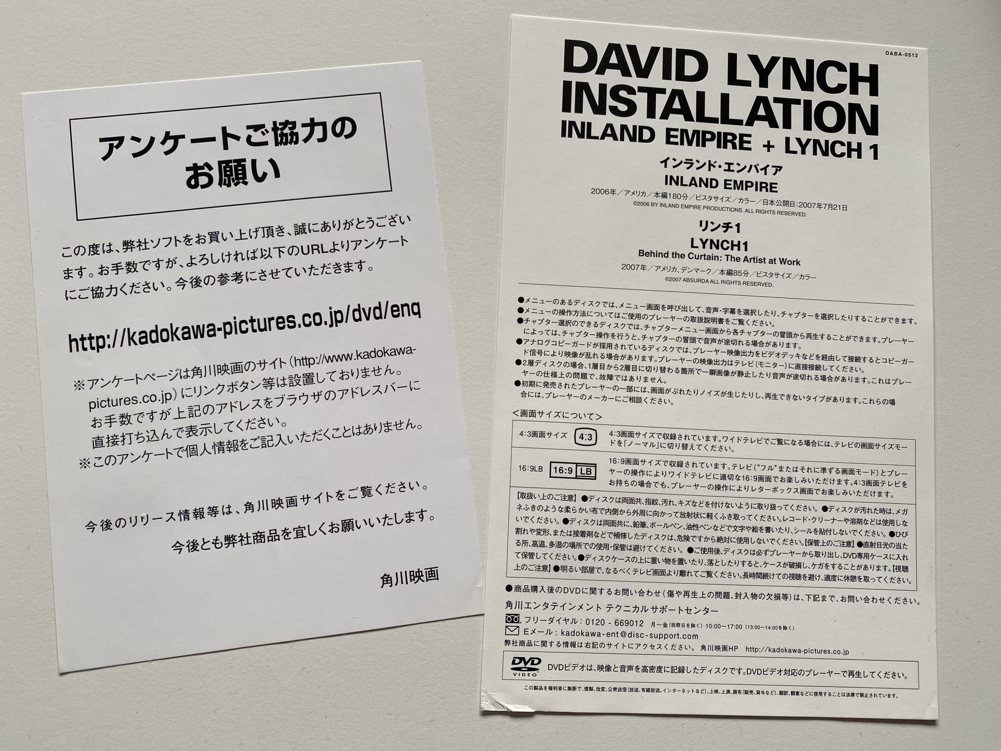 Pack David Lynch Installation en DVD - hojas informativas japonés