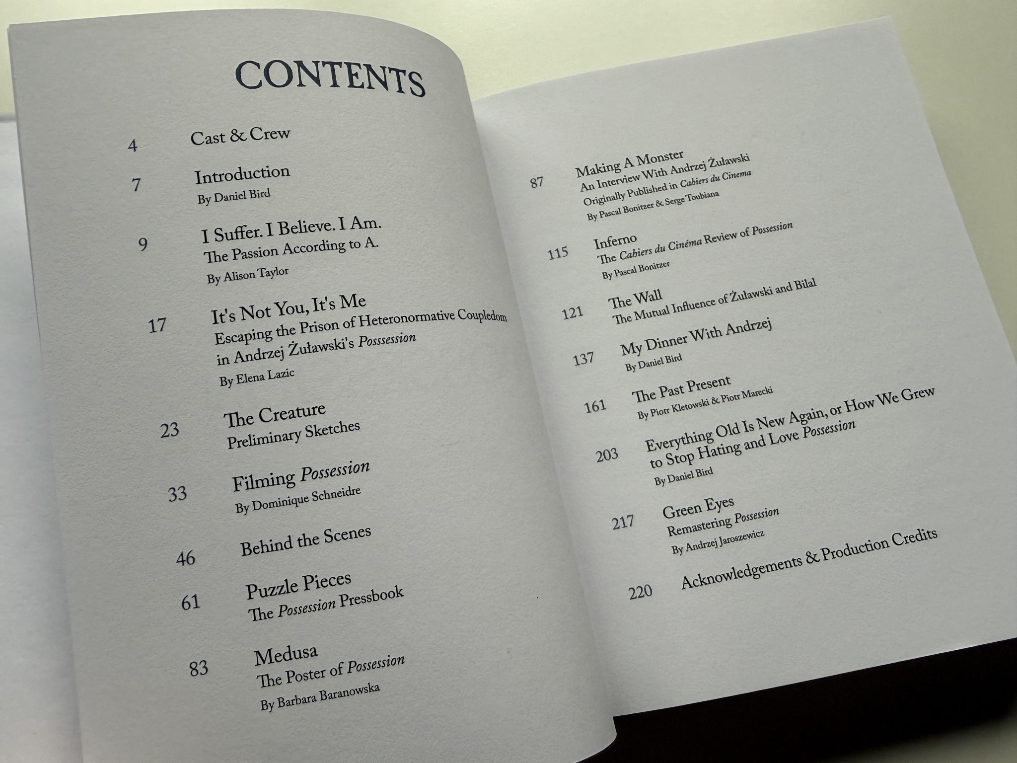 Possession Limited Edition Box Set 4K - Second Sight - Book index