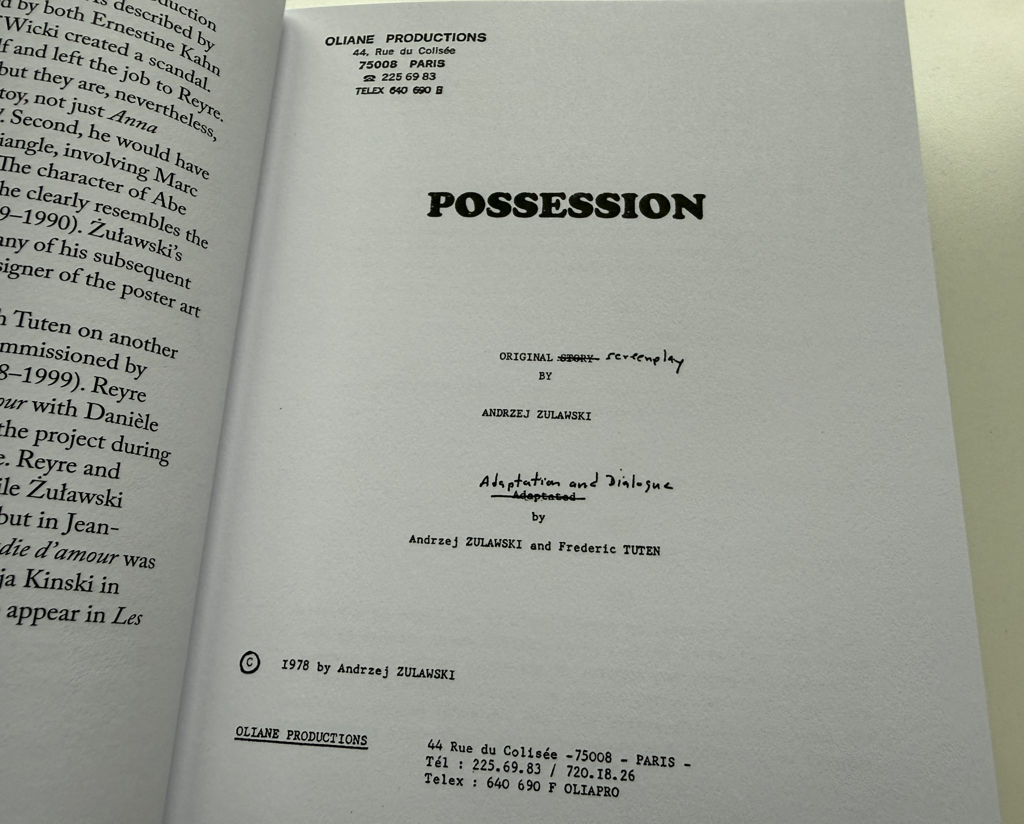 Possession Limited Edition Box Set 4K - Second Sight - Script book first page